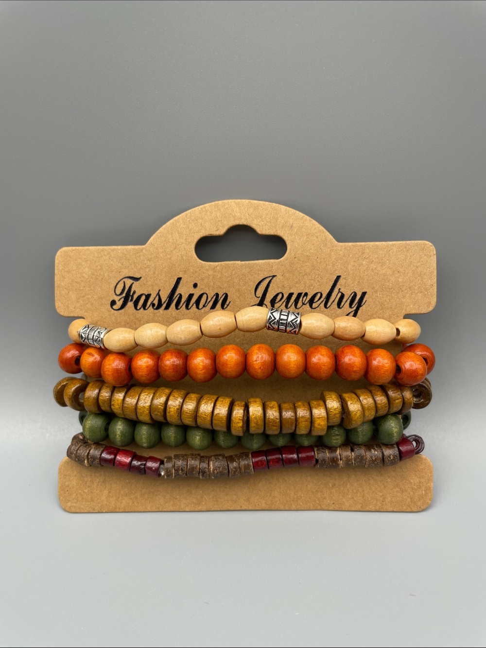Fashion Jewelry Earth-Tone Wood Bead Bracelet Set - Orange, Green, Brown